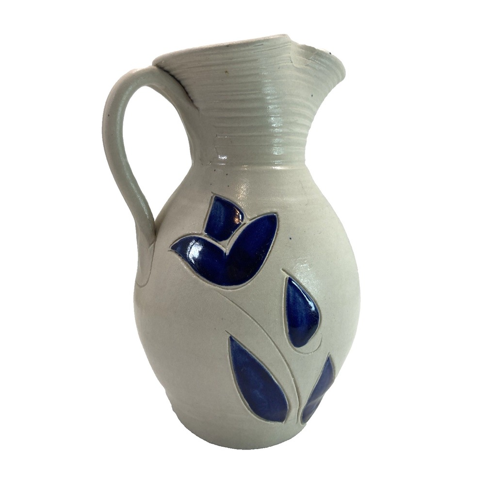 Vtg Williamsburg Art Pottery Salt Glazed Cobalt Blue Leaves Pitcher Jug‎